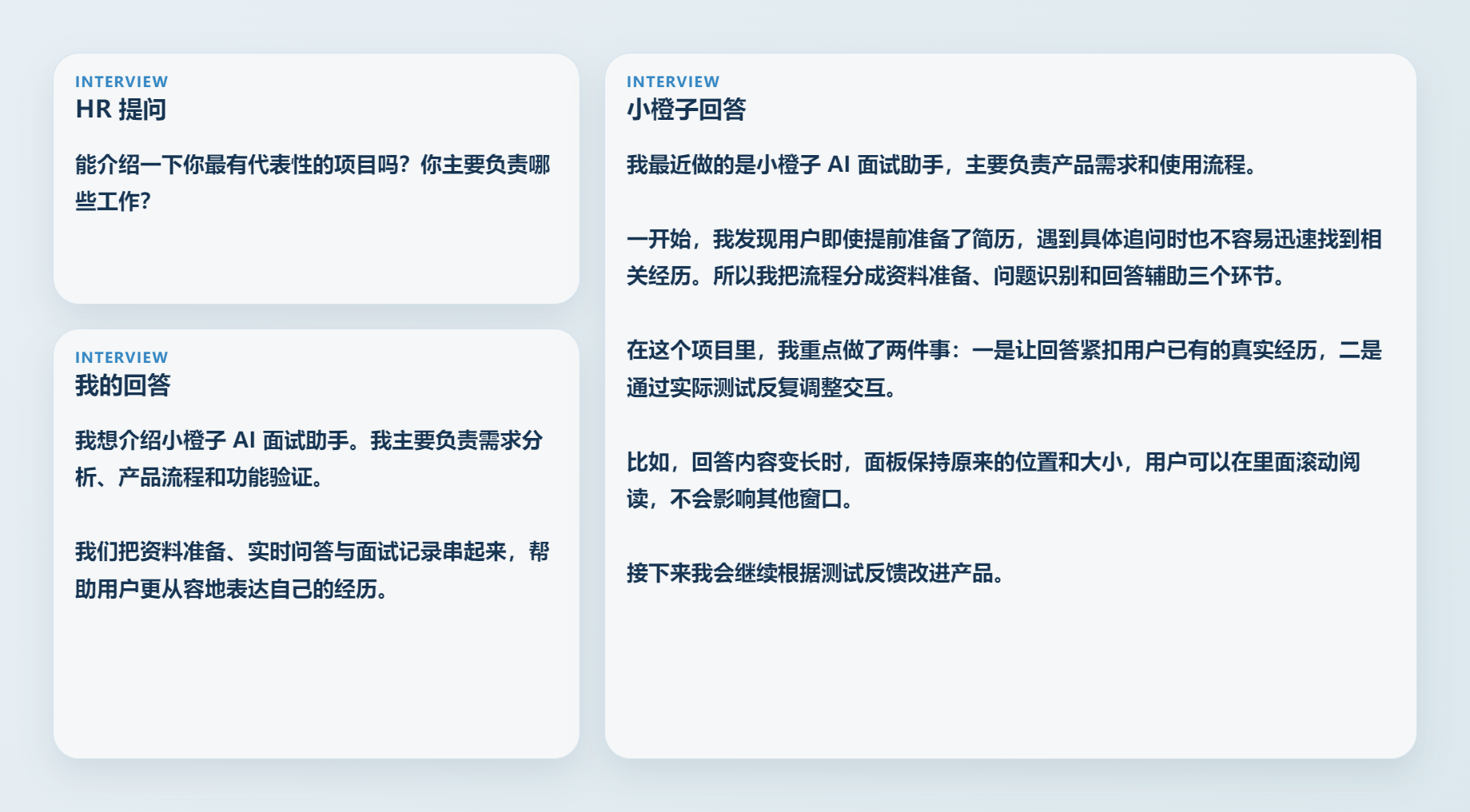 面试辅助界面示意：左侧显示提问和用户草稿，右侧显示参考回答